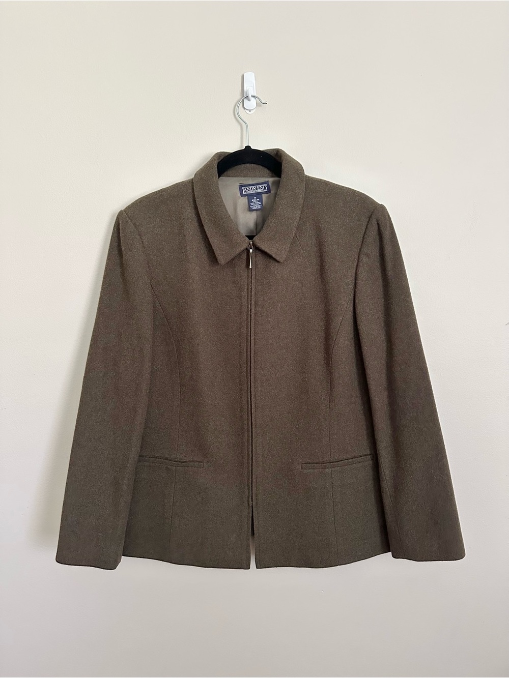 Lands End Wool Blend Zip Jacket Women’s 16 Olive Brown Minimalist Casual Light